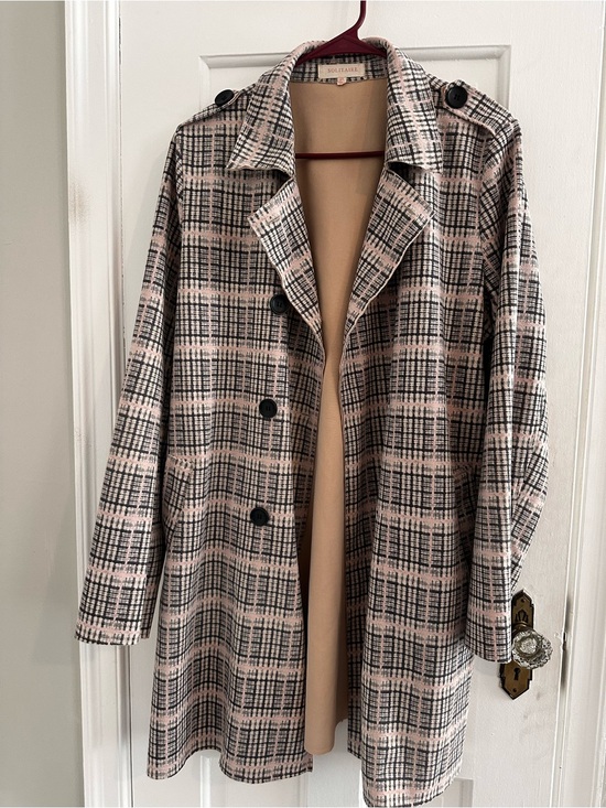 Solitaire Jackets & Blazers - Solitaire Pink & Black Plaid Trench Coat